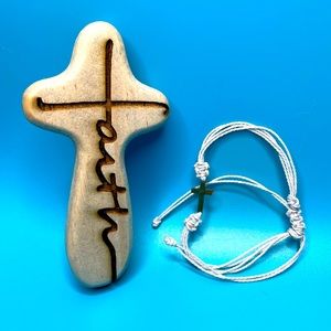 Handheld Faith Engraved Prayer Cross with “Bonus” Cross Macramé Bracelet